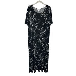 Vintage Esse 90s Black Floral Short Sleeve Maxi Dress Slinky Stretchy Plus 22/24